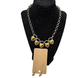 Yellow Heart Necklace Earring Set Silver Tone Glass Crystal 16” Cute Gift